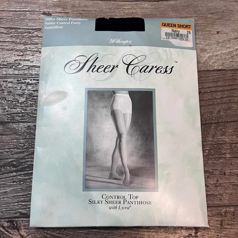 Worthington Sheer Caress Silky Sheer‎ Pantyhose Navy Queen Short Control Top New